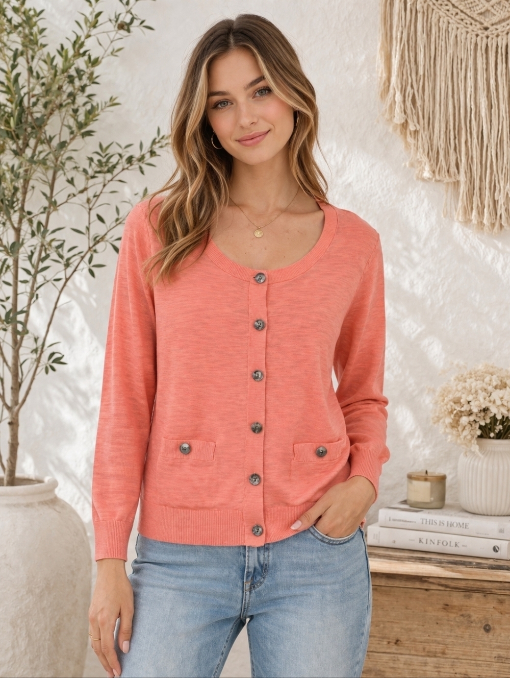 Banana Republic Coral Cardigan Lightweight Knit Button Front Pocket Sweater Sz L